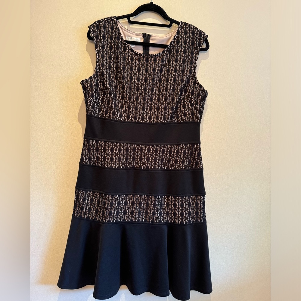 Black & Beige Midi Dress with Lace - London Times